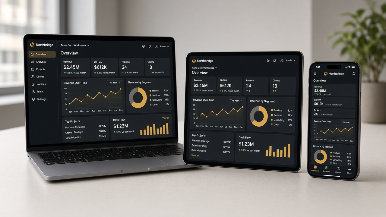 Laptop, tablet, and phone showing Softrix software dashboards