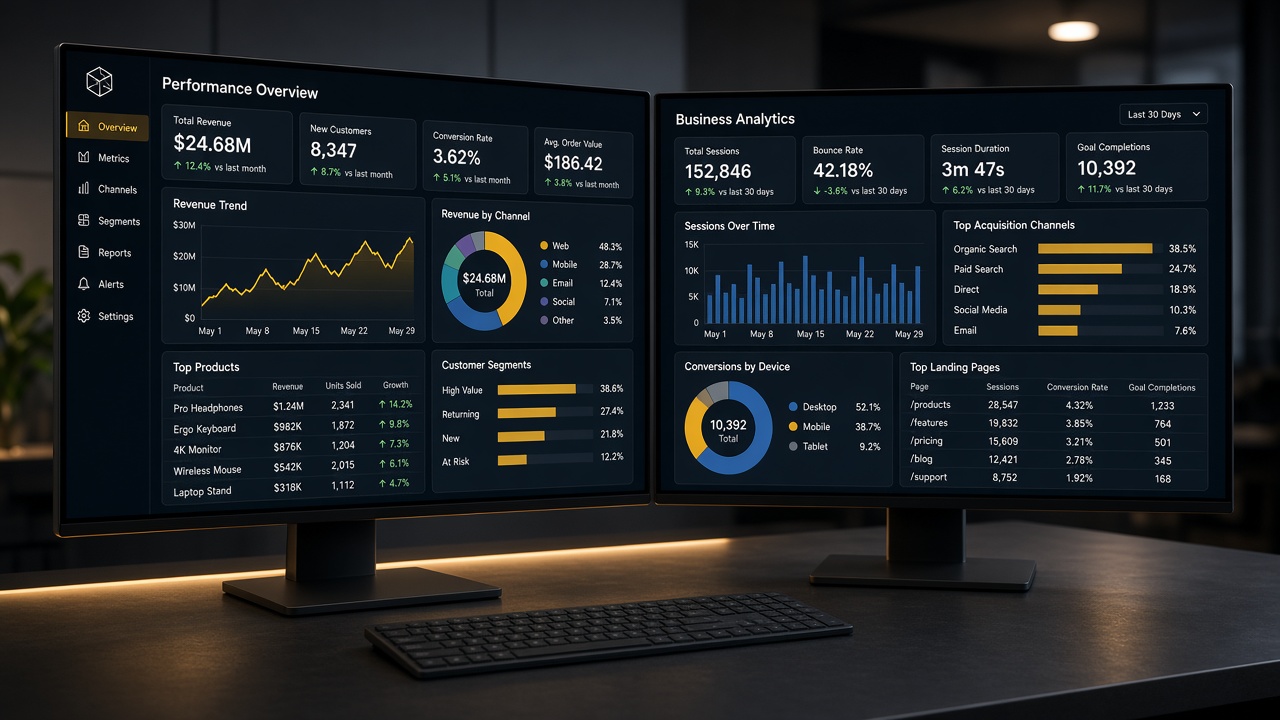 Dual monitors showing business analytics dashboards
