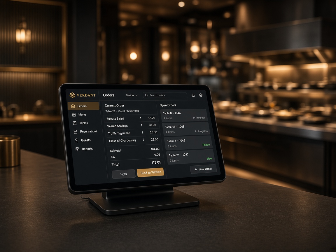 Restaurant POS tablet showing order management software